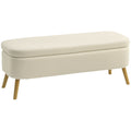 Bancă de depozitare de 65L din material teddy și picioare din lemn, 120x42x45 cm, bej