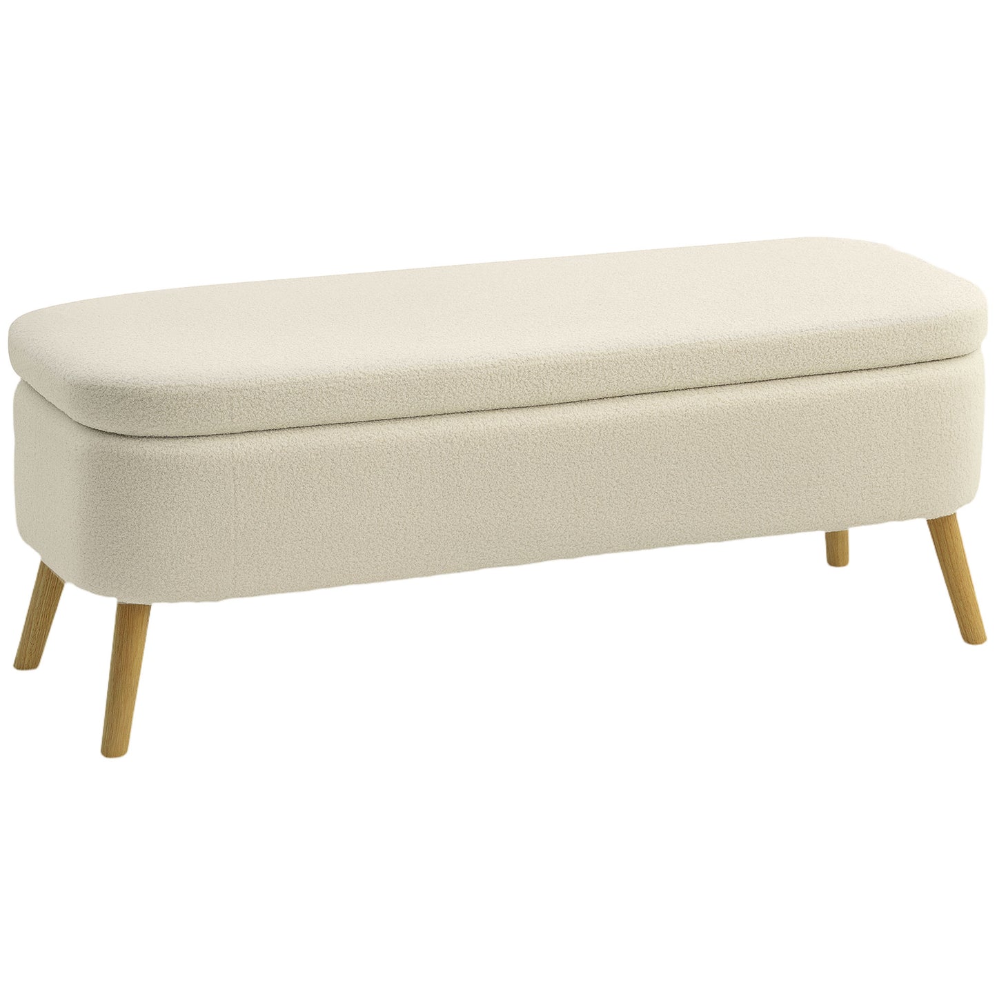 Bancă de depozitare de 65L din material teddy și picioare din lemn, 120x42x45 cm, bej