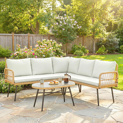 Set Mobilier Grădină din Ratan, 4 Piese în Formă de L, cu 2 Canapele, Colțar, Măsuță de Cafea și Perne, Cadru din Oțel, pentru Balcon sau Terasă, Natural/Crem