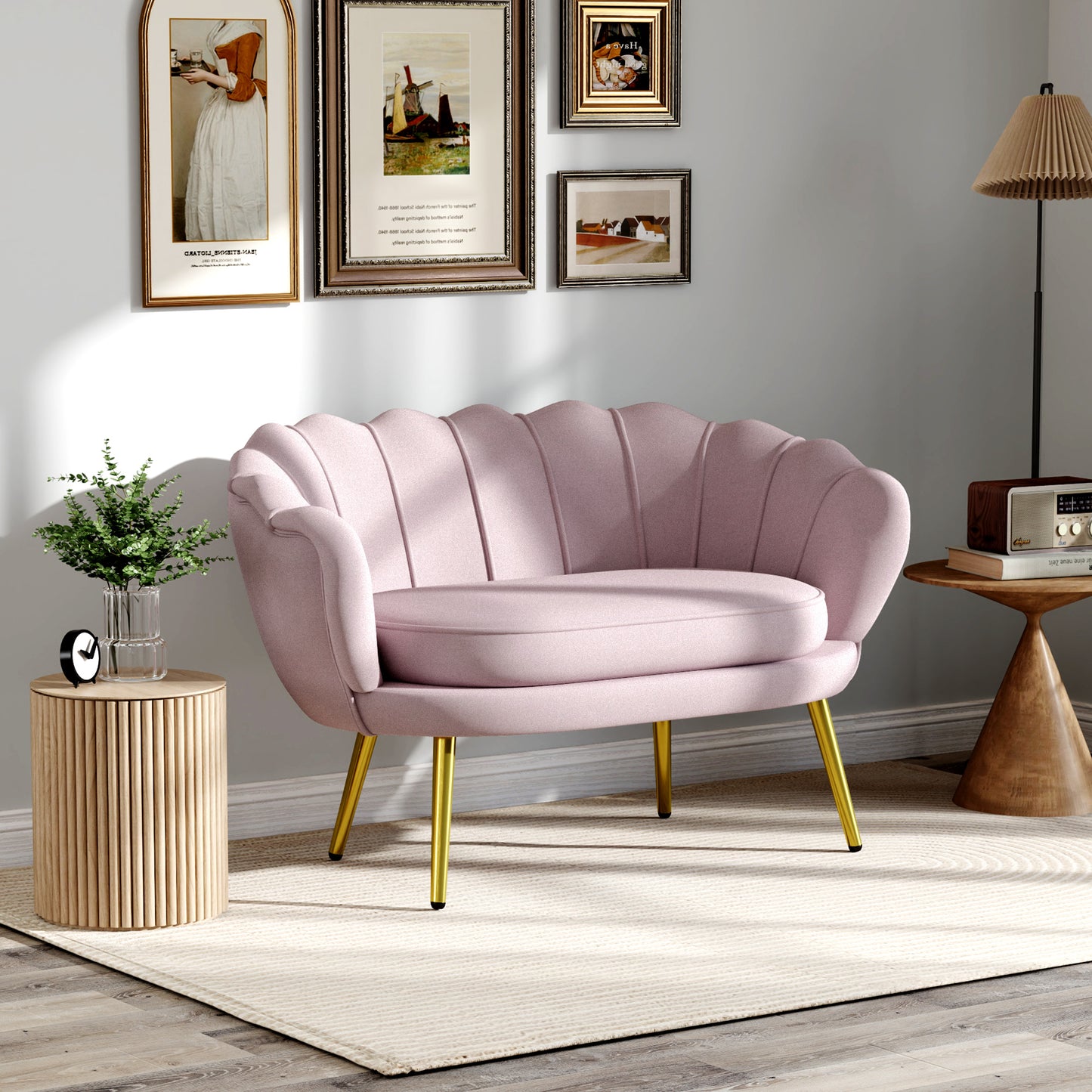 Canapea 2 Locuri în Stil Industrial Chic din Material cu Efect Catifea și Metal, 130x77x77 cm, Roz