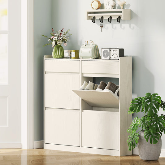 Dulap de Pantofi Slim din Lemn cu 4 Sertare Rabatabile și 2 Sertare Glisante, 98x19,2x95,3 cm, Alb