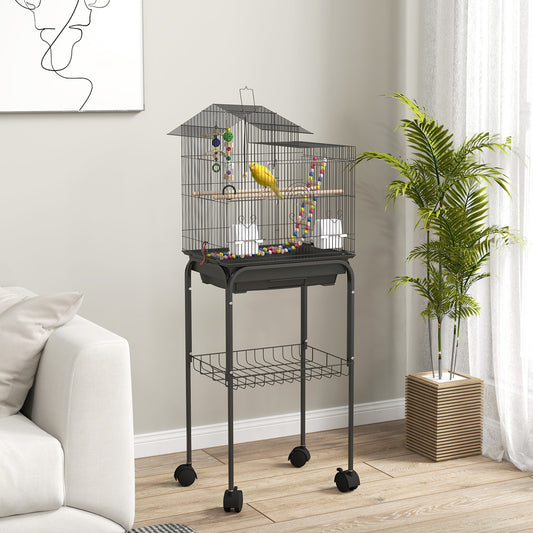 Colivie pentru Păsări cu Suport, Roți Pivotante, Raft și Accesorii, 46x36x120 cm, Negru