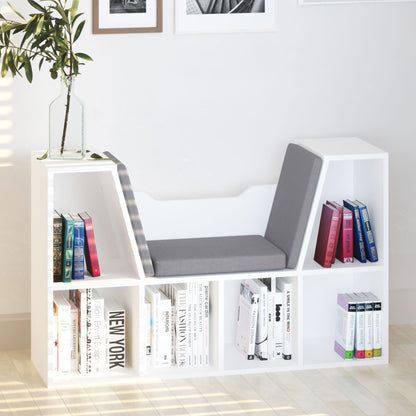 Bibliotecă 2 în 1 cu 6 secțiuni, cu perne moi, din lemn, spumă și poliester, 102x30x61 cm, alb