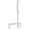 Cuier de Perete cu Bancă din Bambus, Pantofar și Agățătoare pentru Hol, Design Modern, 80x30x180cm, Alb și Lemn Natural