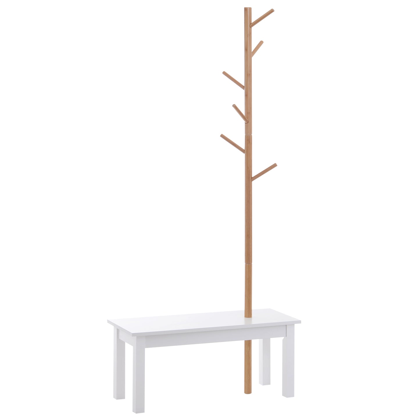 Cuier de Perete cu Bancă din Bambus, Pantofar și Agățătoare pentru Hol, Design Modern, 80x30x180cm, Alb și Lemn Natural