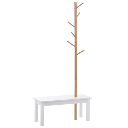 Cuier de Perete cu Bancă din Bambus, Pantofar și Agățătoare pentru Hol, Design Modern, 80x30x180cm, Alb și Lemn Natural
