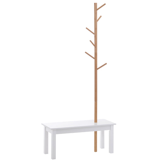 Cuier de Perete cu Bancă din Bambus, Pantofar și Agățătoare pentru Hol, Design Modern, 80x30x180cm, Alb și Lemn Natural