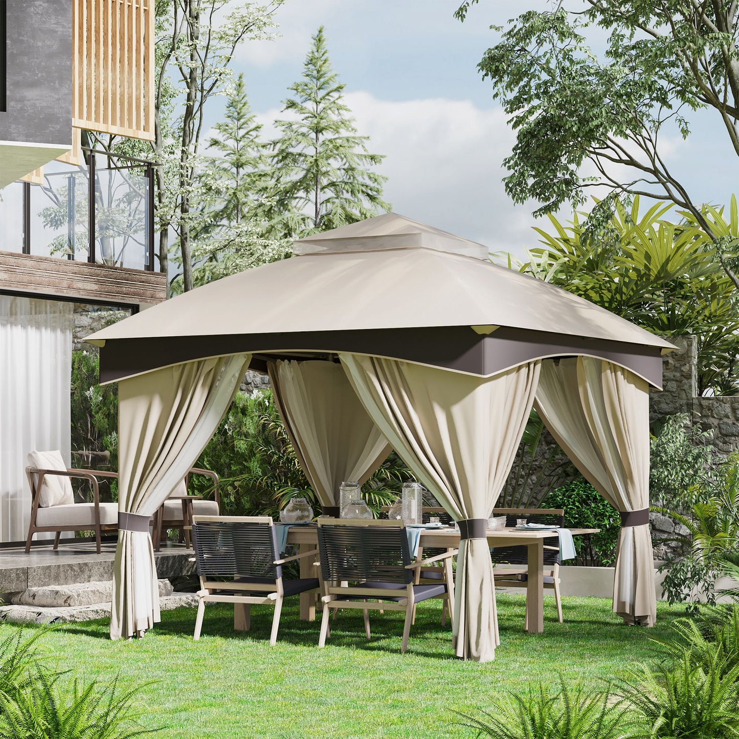 Foișor de Grădină 3x3m, Pavilion Exterior cu Acoperiș Dublu, Include Plasă de Tânțari și Draperii Laterale, Cadru Metalic Robust, Bej/Maro