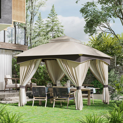 Foișor de Grădină 3x3m, Pavilion Exterior cu Acoperiș Dublu, Include Plasă de Tânțari și Draperii Laterale, Cadru Metalic Robust, Bej/Maro