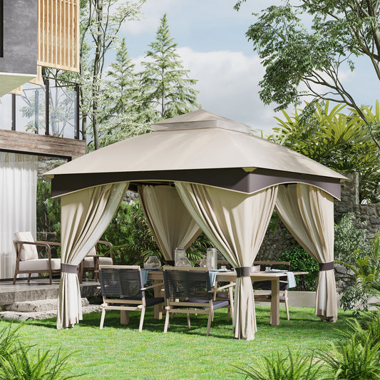 Foișor de Grădină 3x3m, Pavilion Exterior cu Acoperiș Dublu, Include Plasă de Tânțari și Draperii Laterale, Cadru Metalic Robust, Bej/Maro