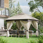 Foișor de Grădină 3x3m, Pavilion Exterior cu Acoperiș Dublu, Include Plasă de Tânțari și Draperii Laterale, Cadru Metalic Robust, Bej/Maro