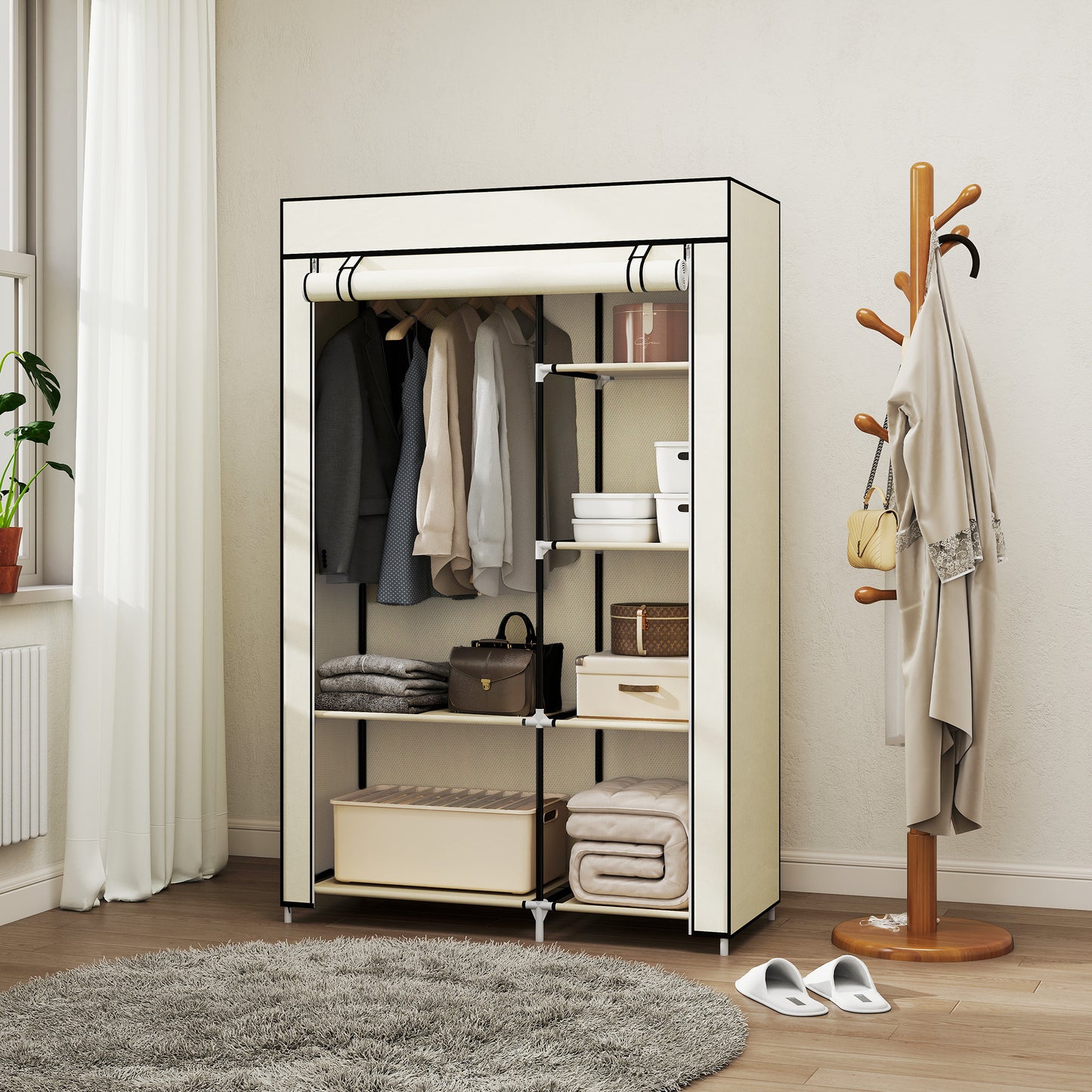 Garderobă Portabilă Dulap Garderobă Compactă, 103x43x162.5cm, Crem