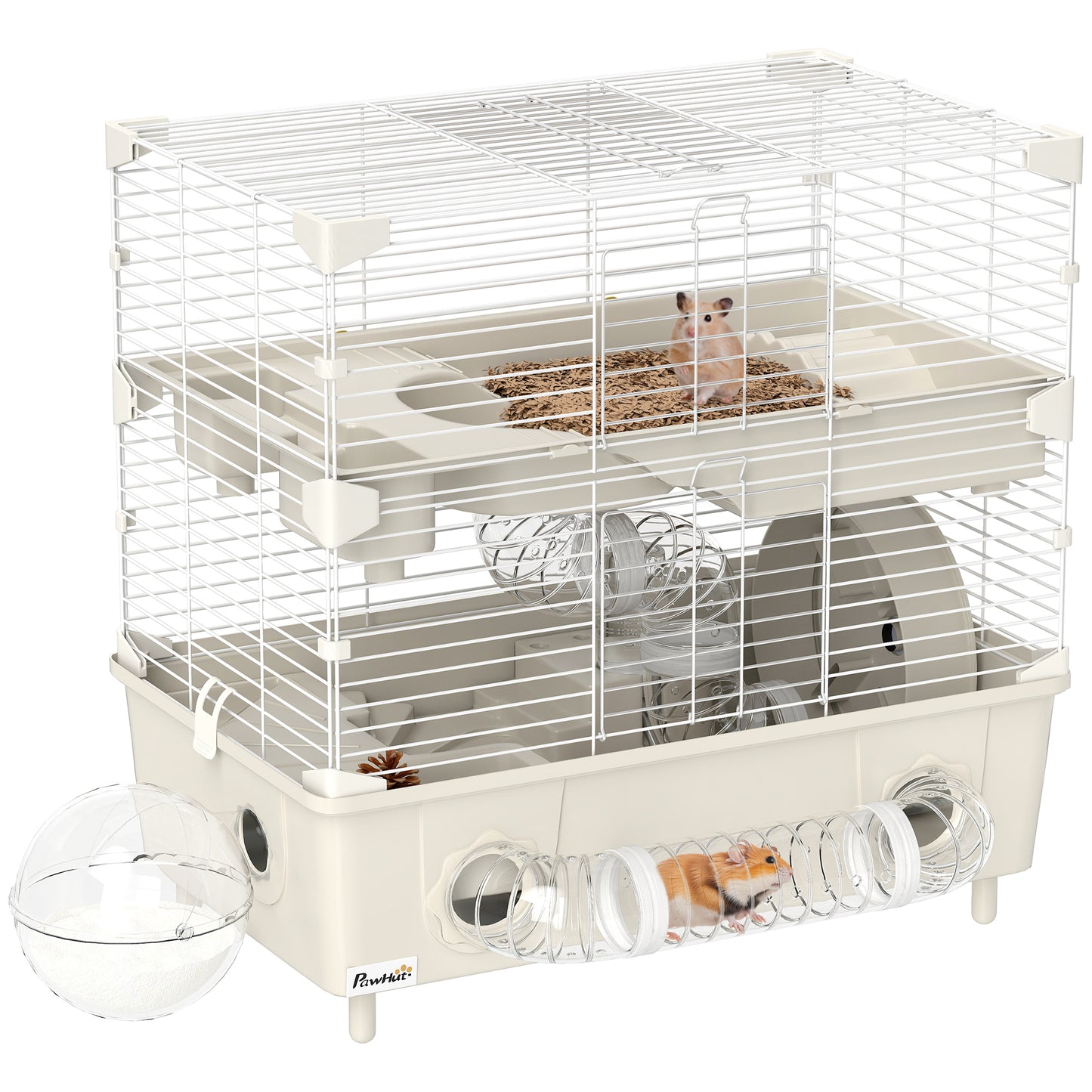 Cușcă pentru Hamsteri cu 2 Nivele și 3 Uși, cu Roată și Tuburi, din Oțel, PS și PP, 44.5x28x44 cm, Crem și Alb