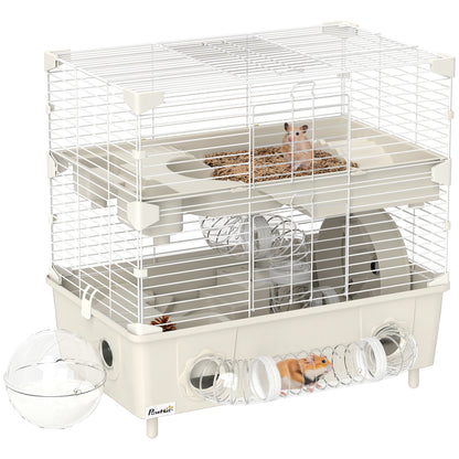 Cușcă pentru Hamsteri cu 2 Nivele și 3 Uși, cu Roată și Tuburi, din Oțel, PS și PP, 44.5x28x44 cm, Crem și Alb