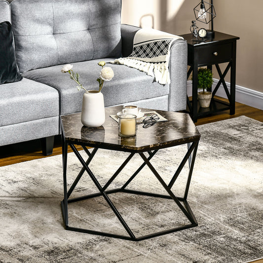 Masuta de cafea moderna cu blat din imitatie de marmura si structura din MDF si otel, 81x70x51,2 cm, negru