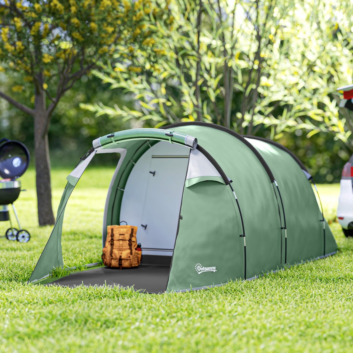 Cort Camping 4 Persoane Vestibul Amplu Impermeabil Verde Inchis