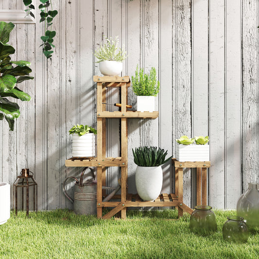 Etajera Suport Plante Asimetrica cu 6 Niveluri pentru Gradina si Casa, din Lemn, 95x28x96.5 cm