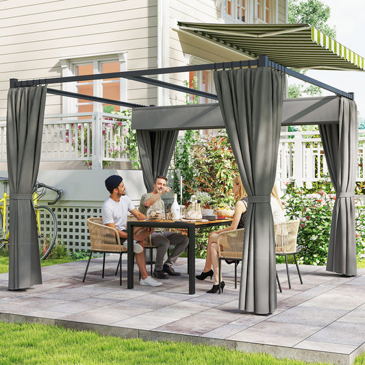 Pergolă de Grădină cu Acoperiș Retractabil și Draperii, din Metal și Poliester, 300x300x227 cm, Gri Deschis