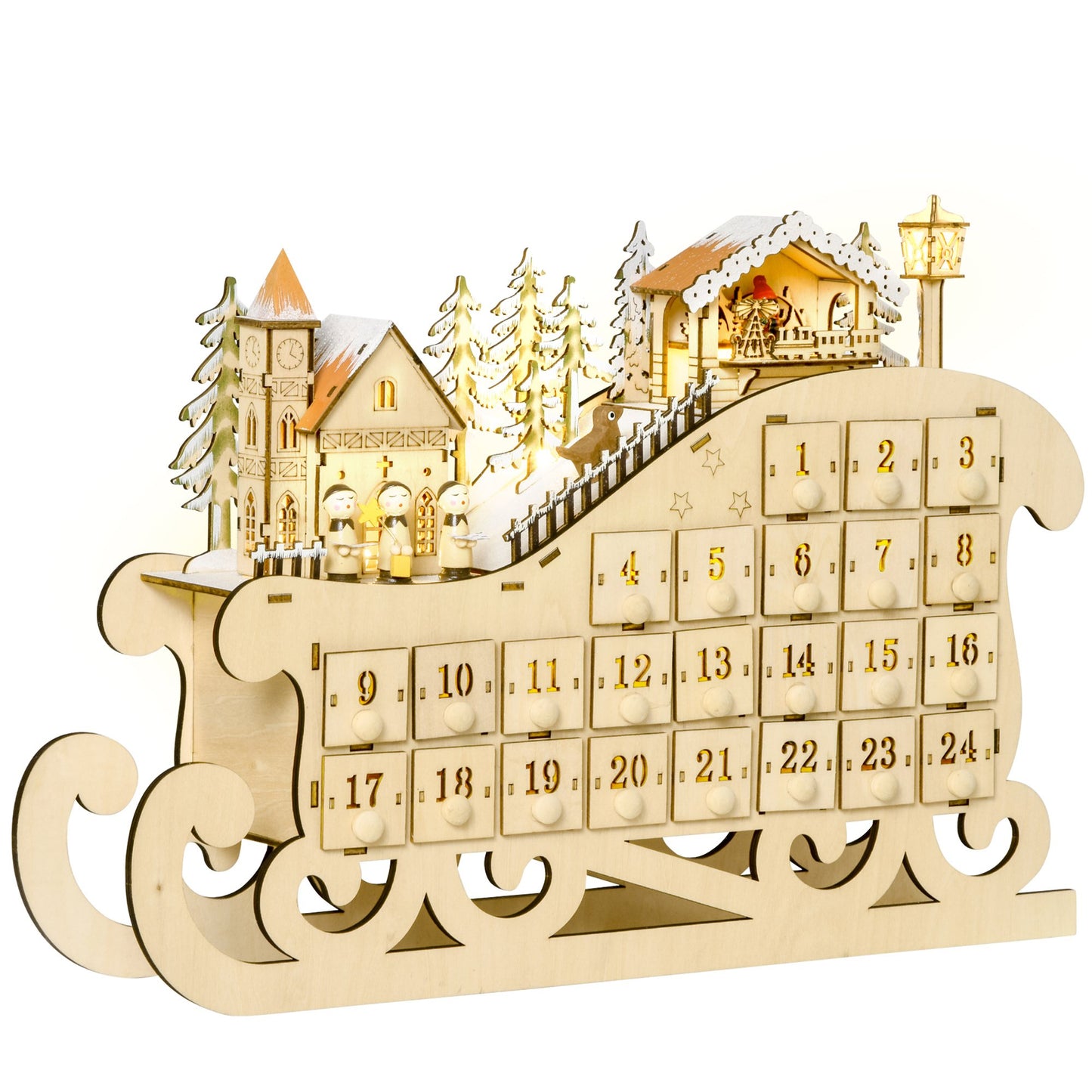 Calendar de Advent din Lemn 24 de Sertare si Lumini LED 45x10x31cm