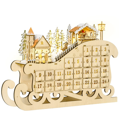 Calendar de Advent din Lemn 24 de Sertare si Lumini LED 45x10x31cm
