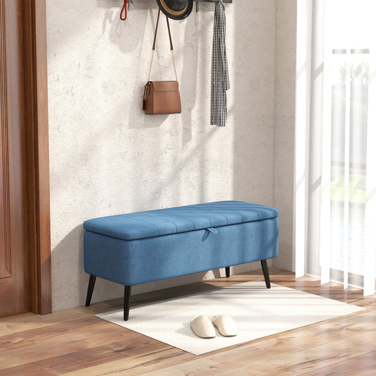 Pouf de 102 cm cu Spațiu de Depozitare, Material Textil cu Efect de In, Bancă pentru Dormitor și Living, Picioare din Oțel, Albastru Închis