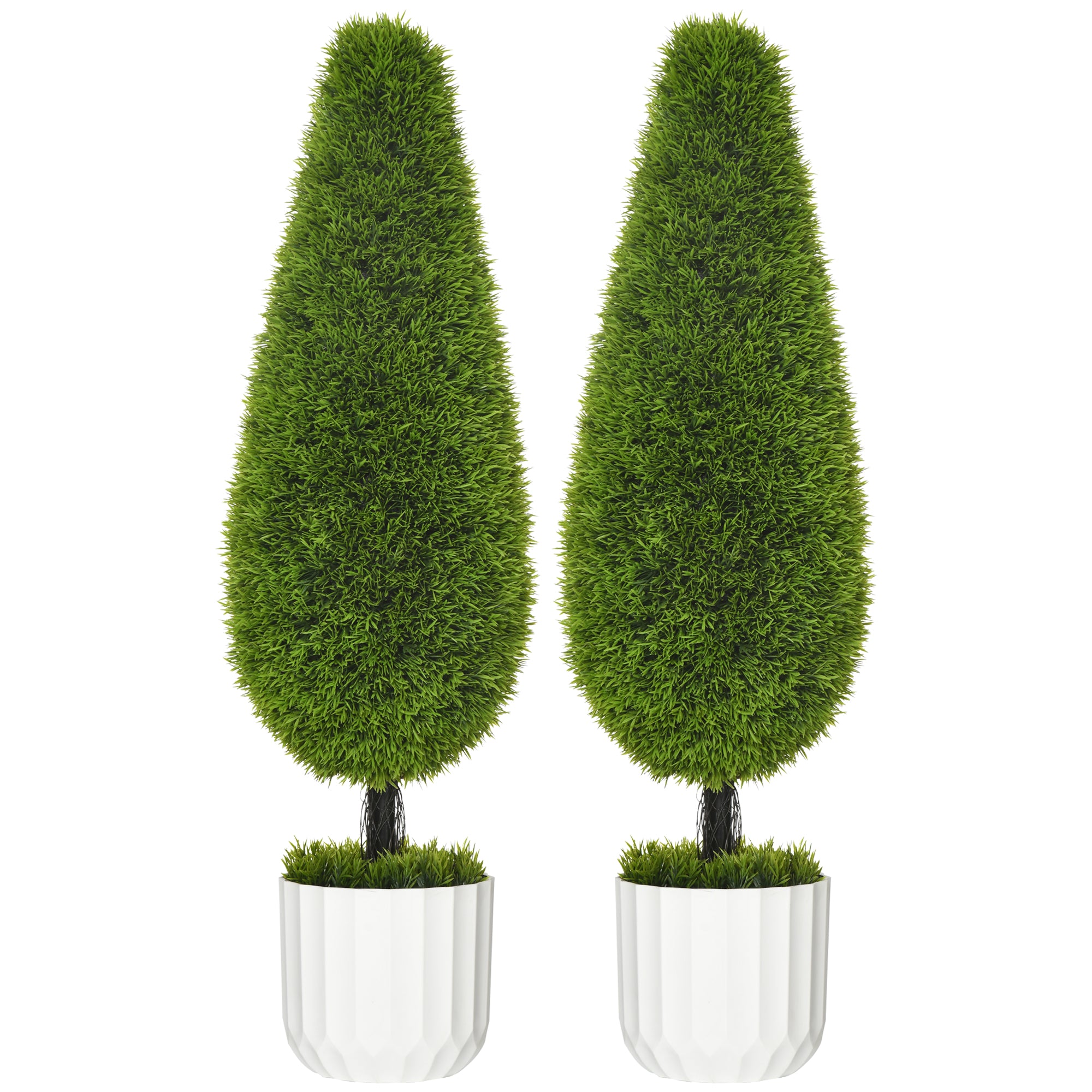 Set de 2 plante false de chiparos cu ghivece Ø12x16 cm, mușchi și ciment, din PE și plastic, verde și alb