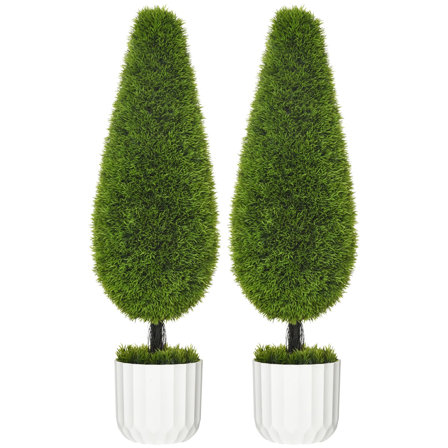 Set de 2 plante false de chiparos cu ghivece Ø12x16 cm, mușchi și ciment, din PE și plastic, verde și alb