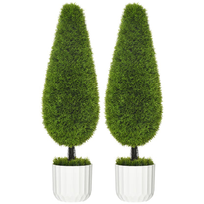 Set de 2 plante false de chiparos cu ghivece Ø12x16 cm, mușchi și ciment, din PE și plastic, verde și alb