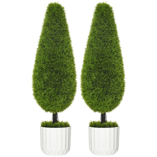 Set de 2 plante false de chiparos cu ghivece Ø12x16 cm, mușchi și ciment, din PE și plastic, verde și alb