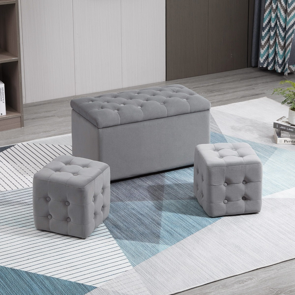 Cufar Depozitare Multifunctional – Cu 2 Pouf Catifea Gri