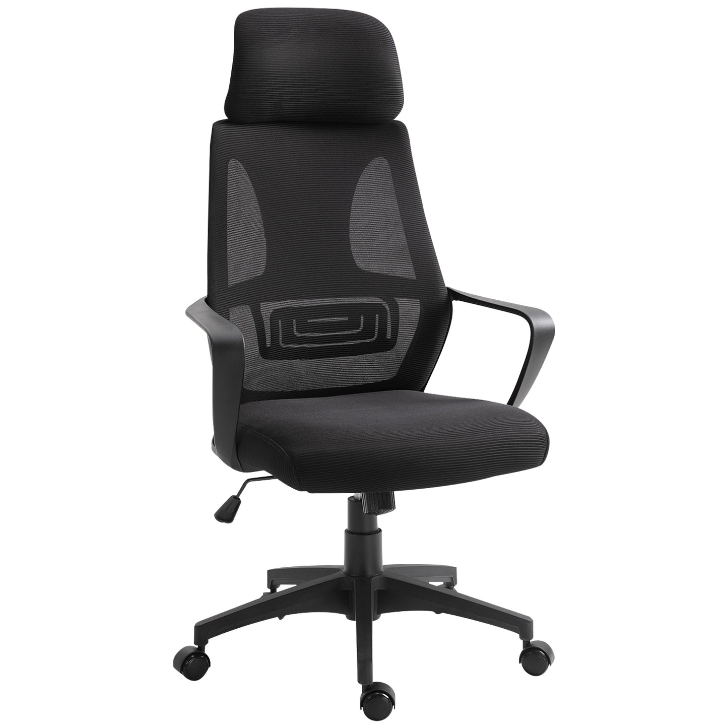 Scaun de Birou Rabatabil cu Tetieră și Suport Lombar, din Poliester, 64x55x116-126 cm, Negru
