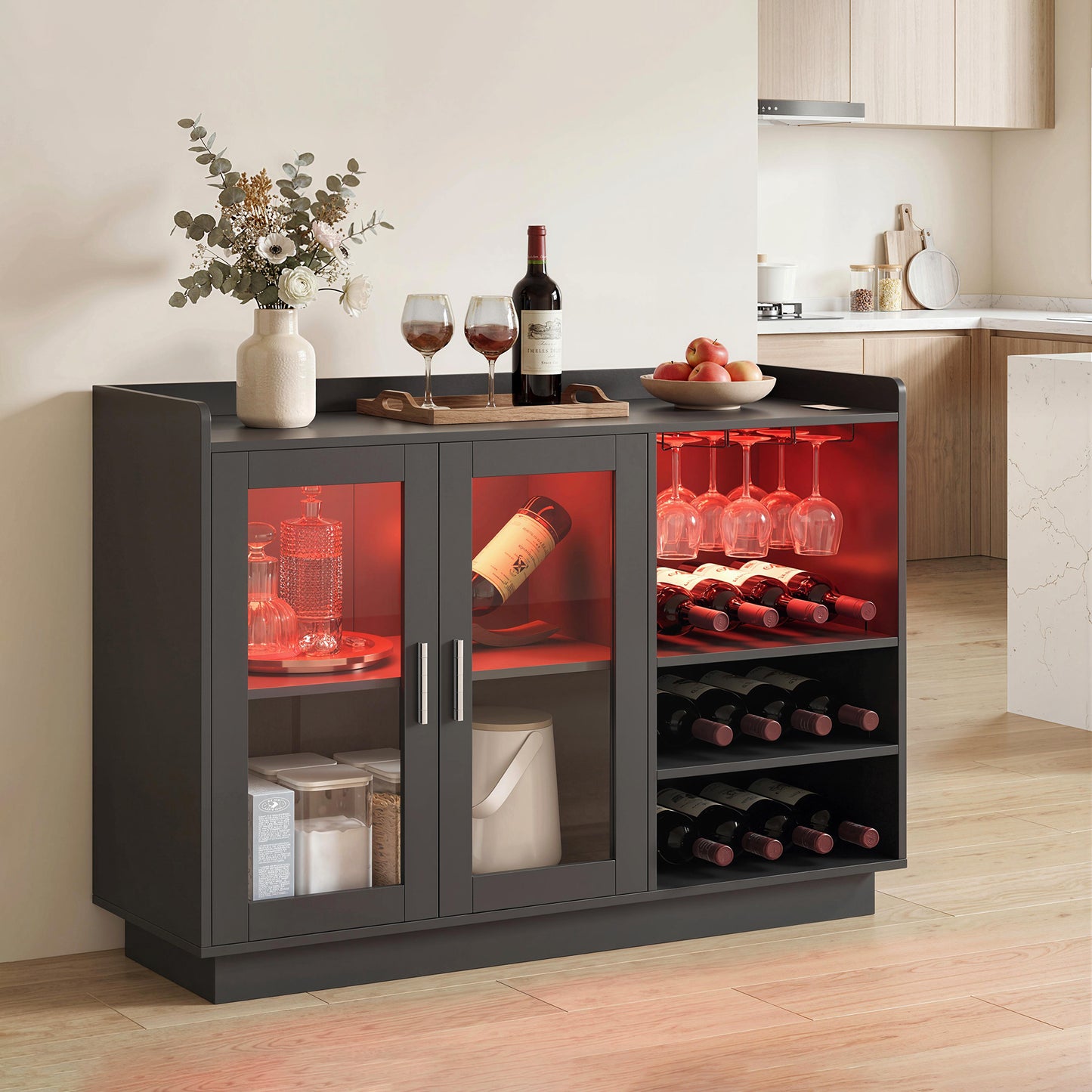 Bar mobil cu suport pentru sticle, lumină LED și raft reglabil, din lemn și sticlă, 120x38x88 cm, negru