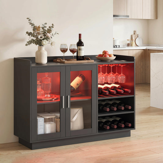 Bar mobil cu suport pentru sticle, lumină LED și raft reglabil, din lemn și sticlă, 120x38x88 cm, negru