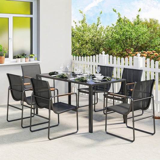 Set Masă și Scaune de Grădină 7 Piese, Set Prânz Exterior cu Masă din Sticlă Temperată, 6 Scaune din Texteline Respirabil, Cotiere Decorative, Structură din Oțel pentru Terasă Balcon, Negru