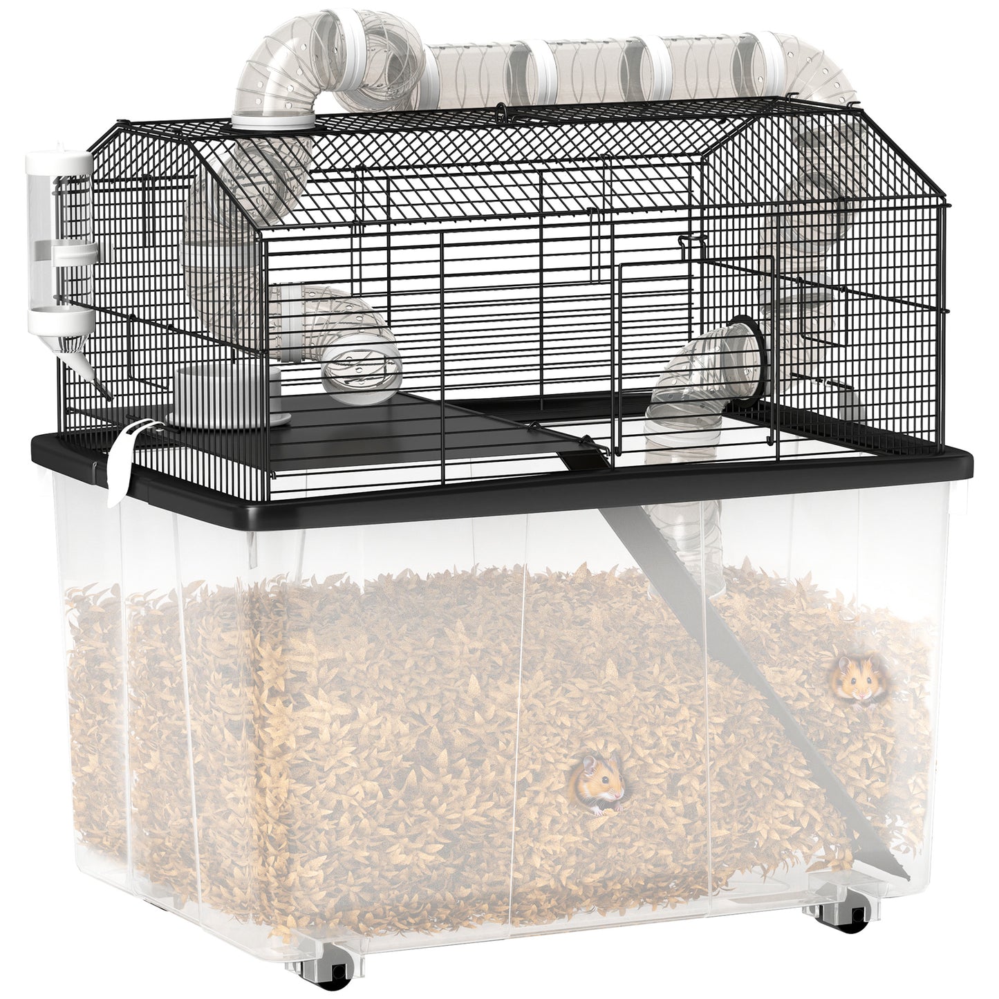 Cușcă pentru Hamsteri cu 2 Niveluri, Bază Adâncă, Roți, Tuburi, Bol, Sticlă de Apă și Rampă, 58x43x57 cm, Negru