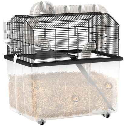 Cușcă pentru Hamsteri cu 2 Niveluri, Bază Adâncă, Roți, Tuburi, Bol, Sticlă de Apă și Rampă, 58x43x57 cm, Negru