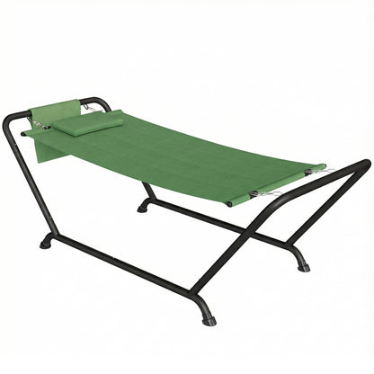 Hamac de Grădină cu Suport, Buzunar Lateral și Tetieră, din Metal și Poliester, 237x90x92 cm, Verde Închis