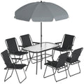 Set Grădină 8 piese cu Umbrelă, 6 Scaune Pliabile și Masă din Sticlă Temperată, Negru