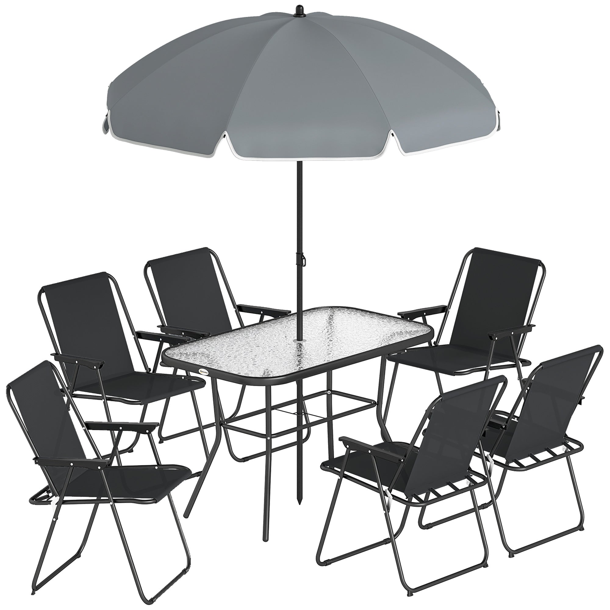 Set Grădină 8 piese cu Umbrelă, 6 Scaune Pliabile și Masă din Sticlă Temperată, Negru