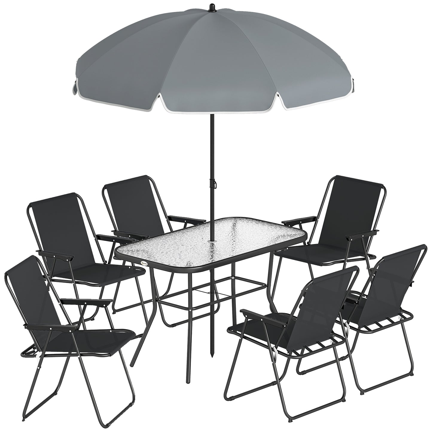 Set Grădină 8 piese cu Umbrelă, 6 Scaune Pliabile și Masă din Sticlă Temperată, Negru