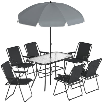 Set Grădină 8 piese cu Umbrelă, 6 Scaune Pliabile și Masă din Sticlă Temperată, Negru