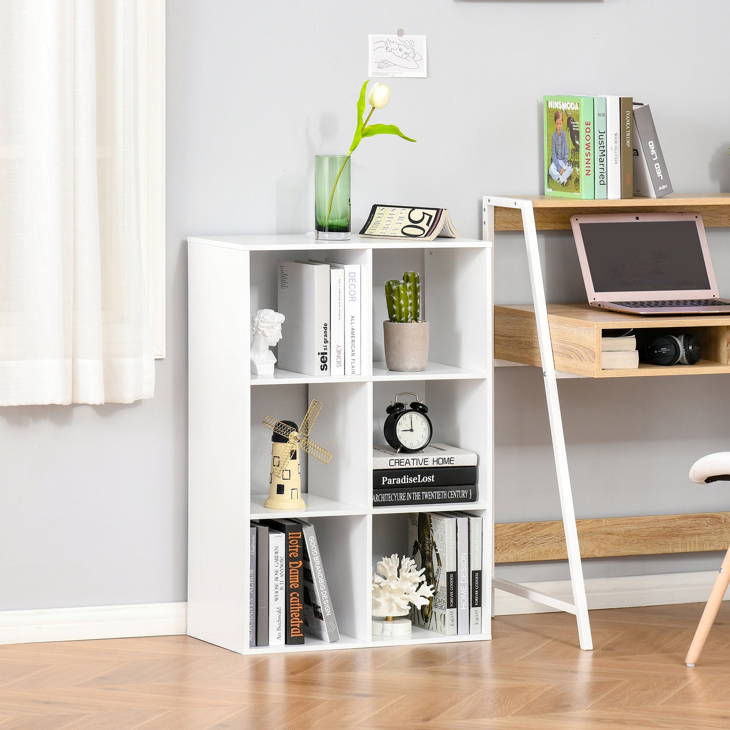 Etajeră cu 6 Compartimente Cub, Bibliotecă Joasă și Organizator pentru Jucării sau Cărți, 91.5x29.5x61.5cm, Alb