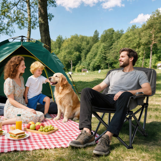 Scaun de Camping Pliabil cu 2 Suporturi pentru Pahare și Buzunare Laterale, 99x71x103 cm, Gri