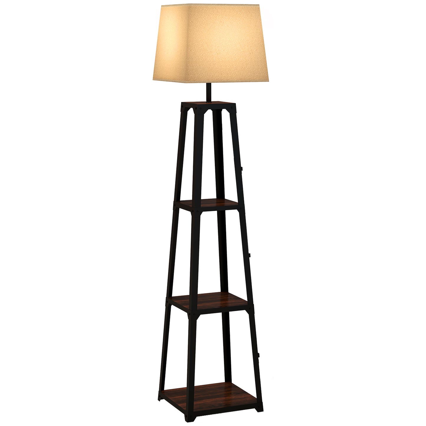 Lampă de Podea din Metal și MDF cu 3 Rafturi și Abajur din Material Textil, Ø42x166 cm, Negru și Bej