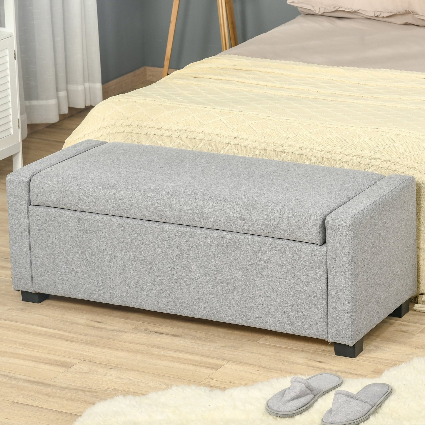 Banca dormitor  cu Compartiment de Depozitare din Tesatura, 120x50x44cm - Gri