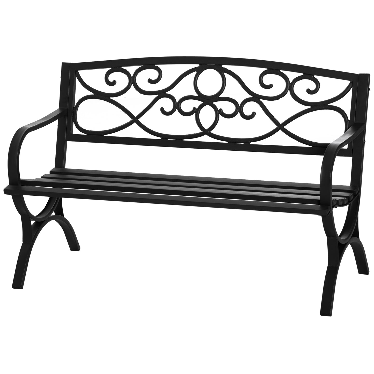 Bancuta pentru gradina 2 locuri din otel si fonta cu brate si decoratiune, 128x58.5x85cm, negru
