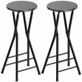 Set 2 Scaune de Bar Pliabile cu Suport Dublu pentru Picioare, din Lemn și Oțel, 34x30x70 cm, Negru