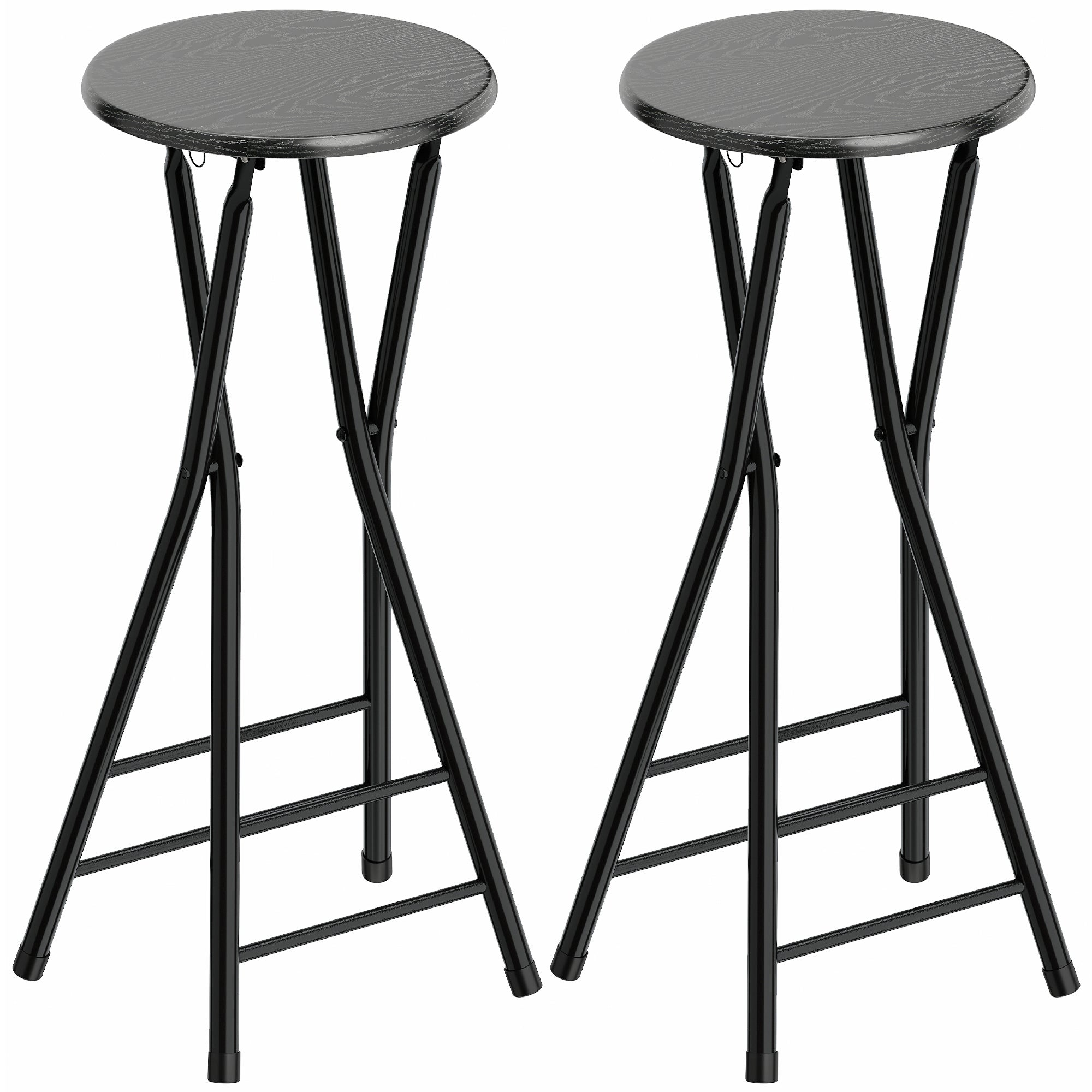 Set 2 Scaune de Bar Pliabile cu Suport Dublu pentru Picioare, din Lemn și Oțel, 34x30x70 cm, Negru