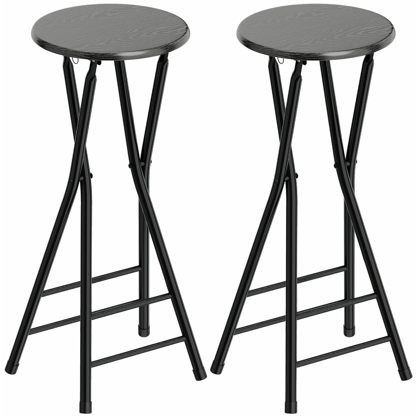 Set 2 Scaune de Bar Pliabile cu Suport Dublu pentru Picioare, din Lemn și Oțel, 34x30x70 cm, Negru