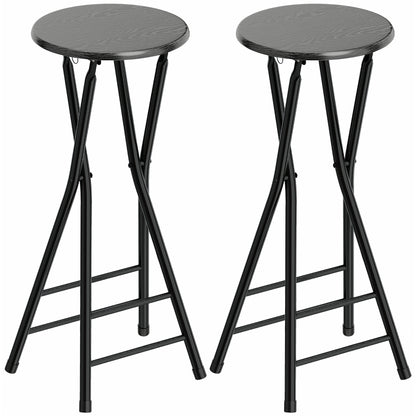 Set 2 Scaune de Bar Pliabile cu Suport Dublu pentru Picioare, din Lemn și Oțel, 34x30x70 cm, Negru